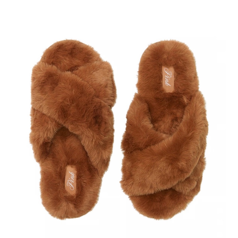 VICTORIA’S SECRET PINK BRAND Plush Brown Faux Fur Slippers